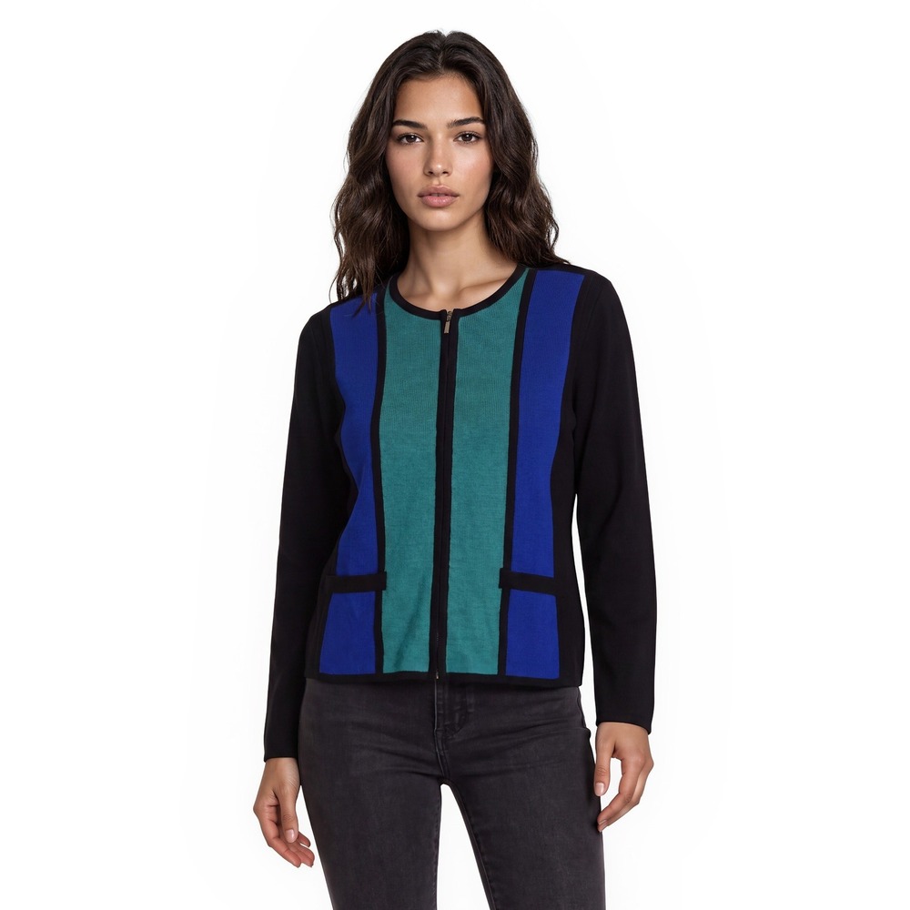 Misook Knit Jacket Women's Size 0X XL Black Blue Colorblock Zip Front Corporate